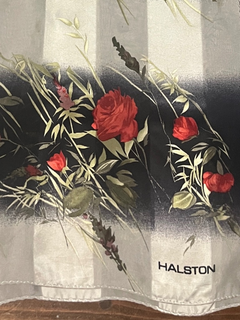 Halston Elegant Vintage Silk Scarf Black Grey with Red Roses *Flawed